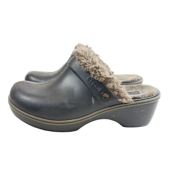 Crocs Womens Size 10 Black Faux Fur Lined Clogs Heeled Slip-On Mules - Picture 5 of 8